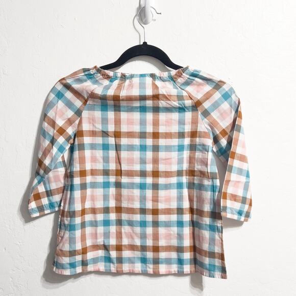Mini Boden Plaid Bow Tunic Top Girl 7-8y Blue Brown Preppy 3/4 Sleeves - Picture 4 of 5
